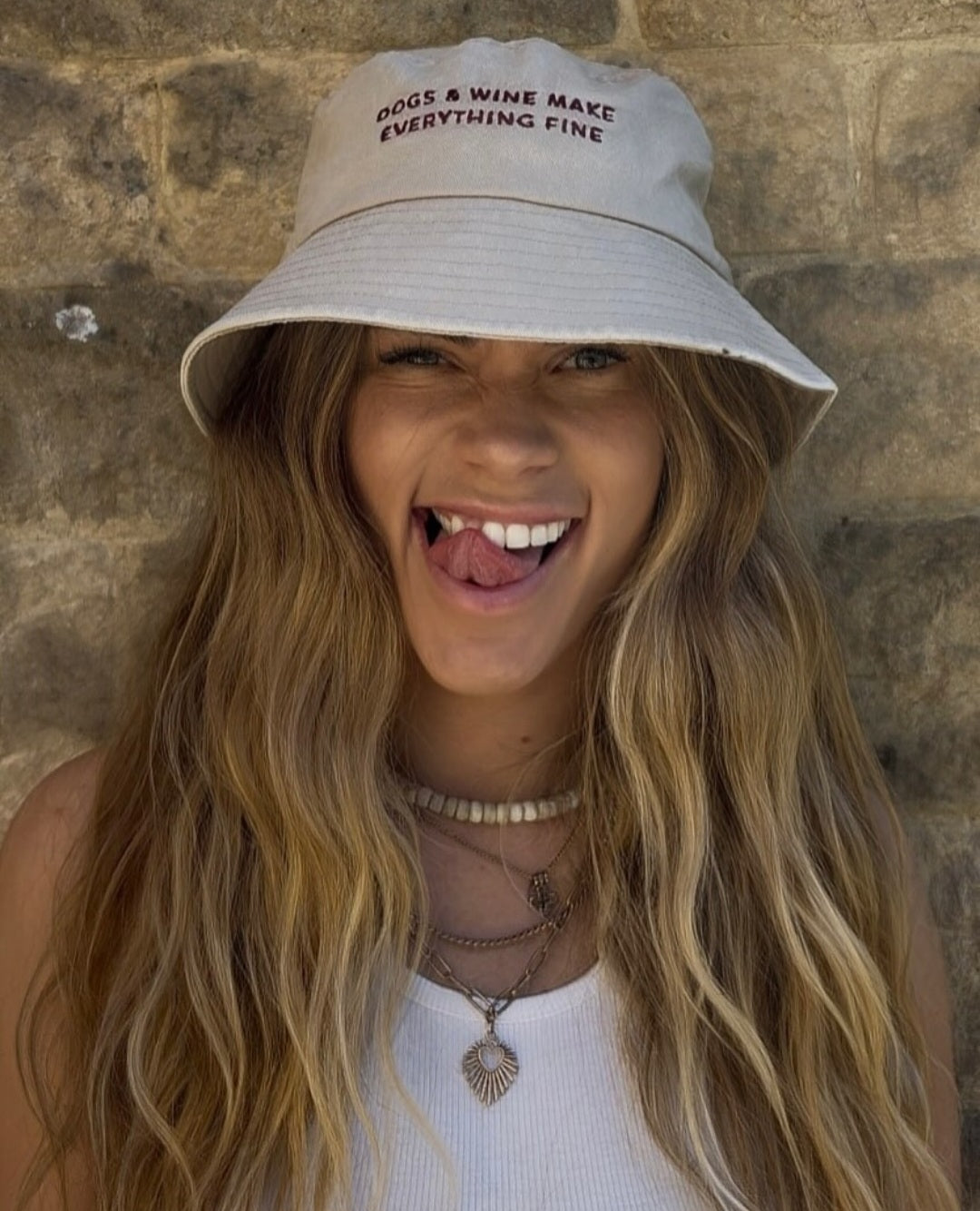 Beige Denim Bucket Hat - Dogs & Wine Make Everything Fine